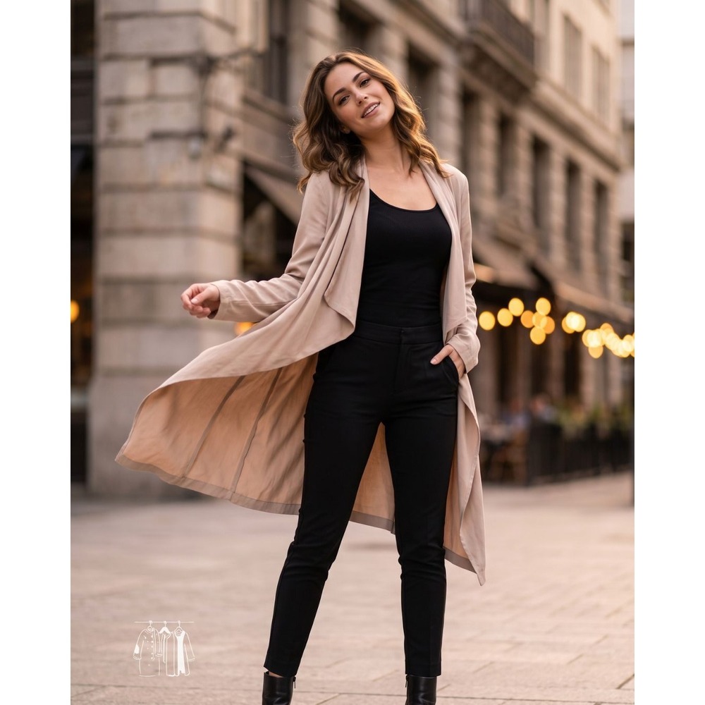Taupe 100% Tencel Waterfall Draped Belted Duster Cardigan Coat NWT Sz L